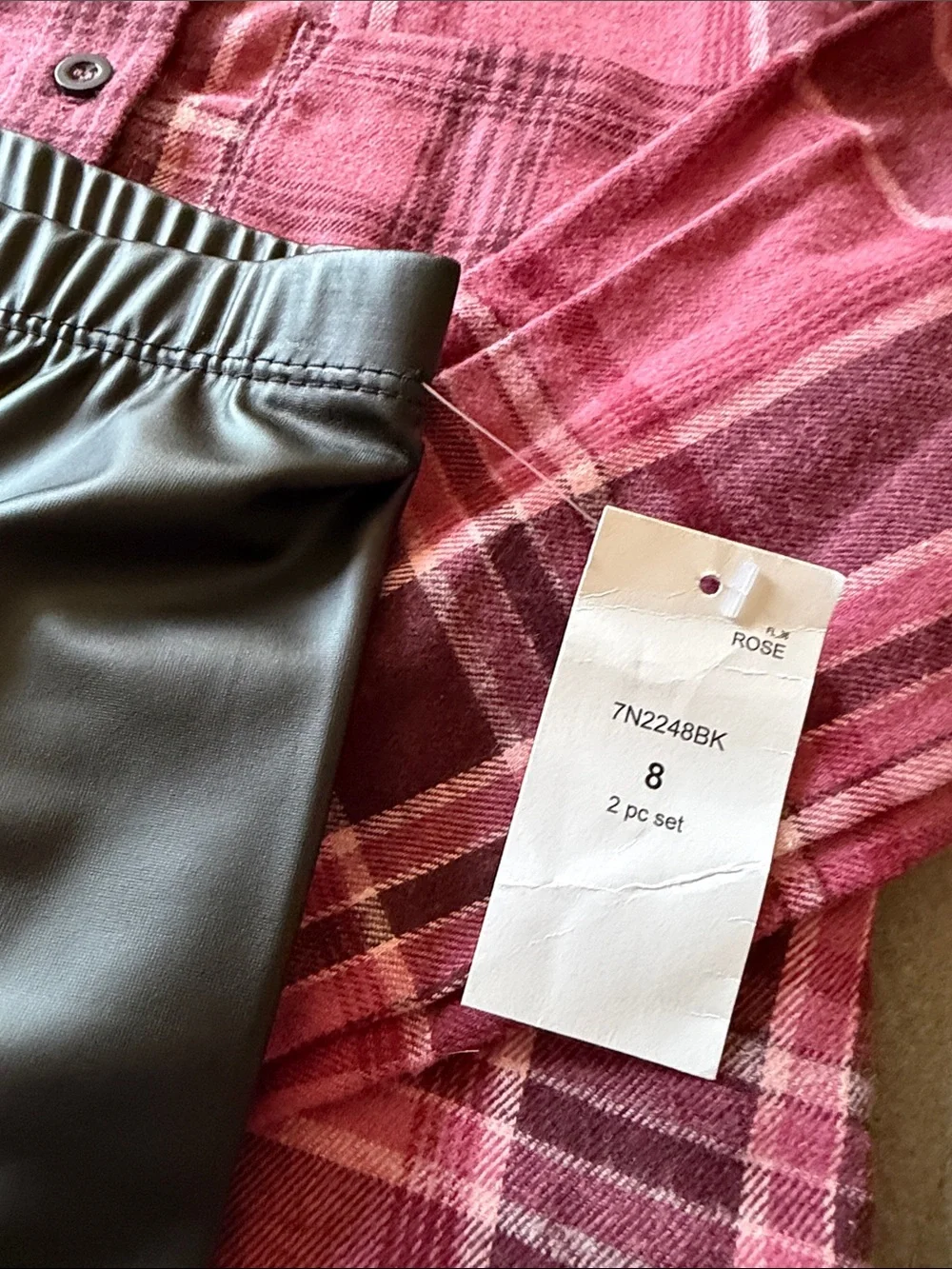 Pink Plaid Button-Up Shirt with Soft Black Bants - Picture 3 of 3